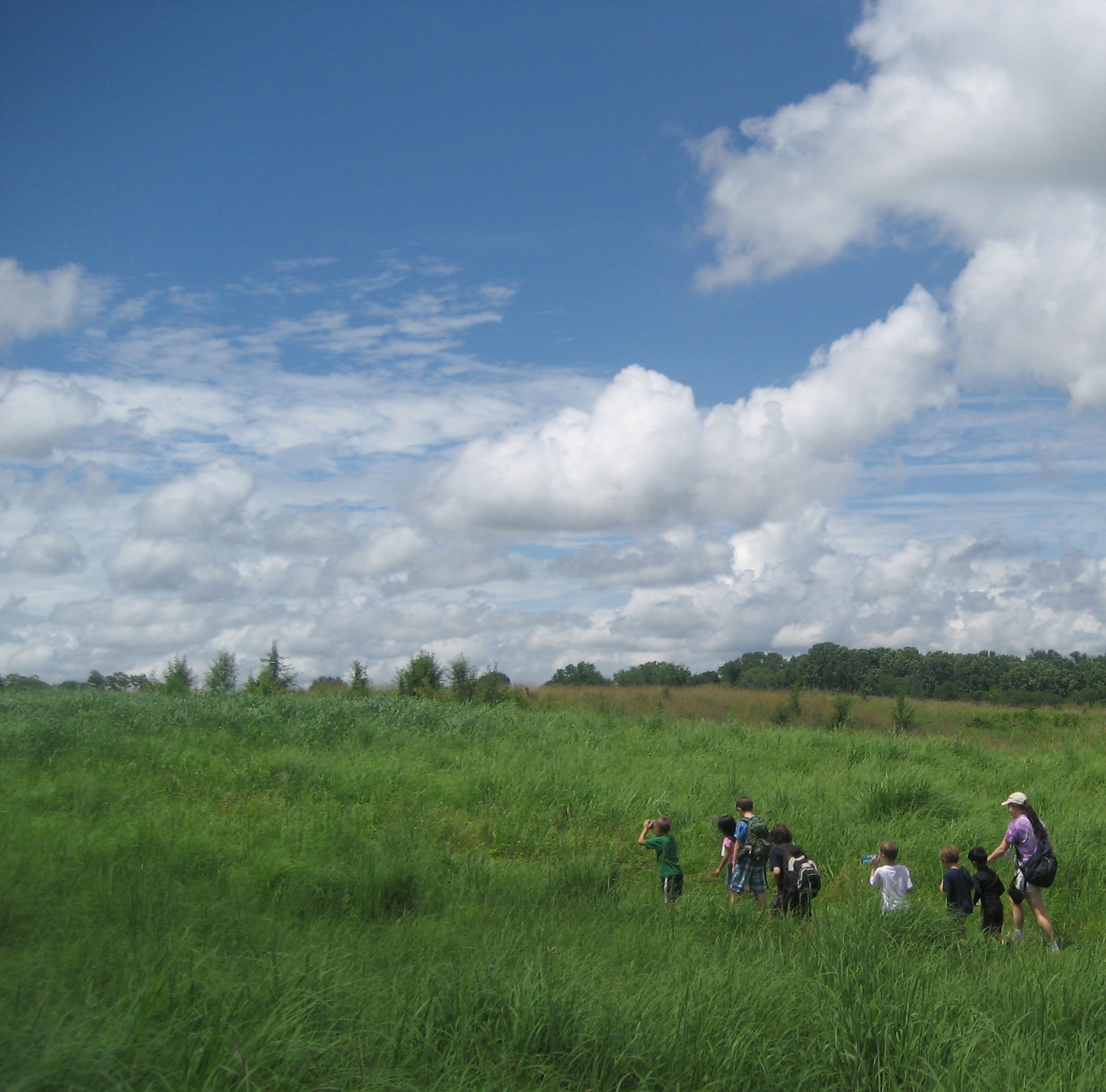 Nature Campers hiking in beautiful meadows - summer camp at the Howard County Conservancy
